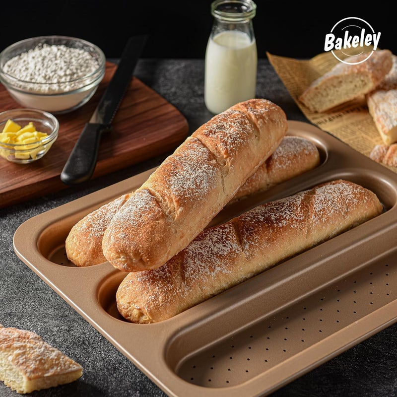 Bakeley French Bread Baking Pan, 3 Wave Non Stick Baguette Pan for Oven, Metal Loaf Pan for Toast Cooking 15." x 12.6" (Champagne Gold) - Image 4